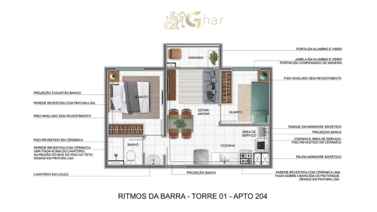 Planta do apartamento torre 01 unidade 204 do Residencial Ritmos da Barra