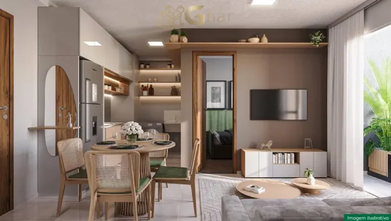 Apartamento decorado do San Miller com sala de estar, TV e jantar integradas no Jaçanã