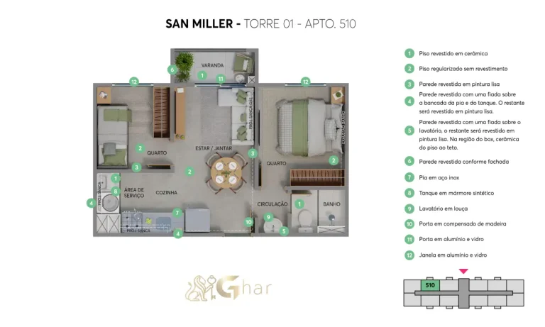 Planta do apartamento San Miller torre 01 unidade 510 no Jaçanã