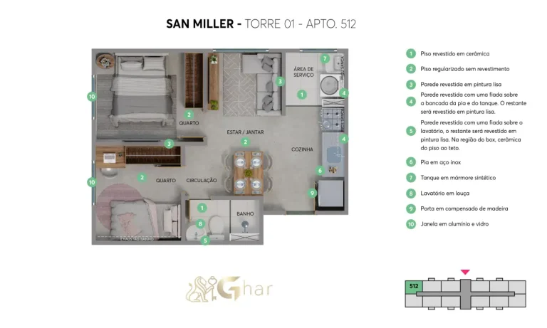 Planta do apartamento San Miller torre 01 unidade 512 no Jaçanã