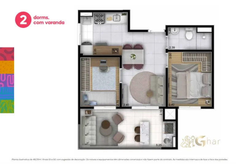 Planta De Apartamento 2 Dormitórios Com Varanda 48,35m² Do Sphera Panamby