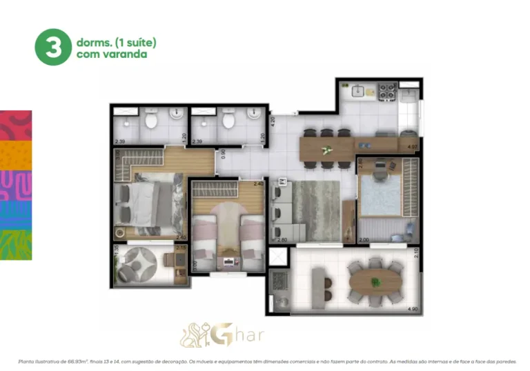 Planta De Apartamento 3 Dormitórios Com 1 Suíte 66,93m² Do Sphera Panamby