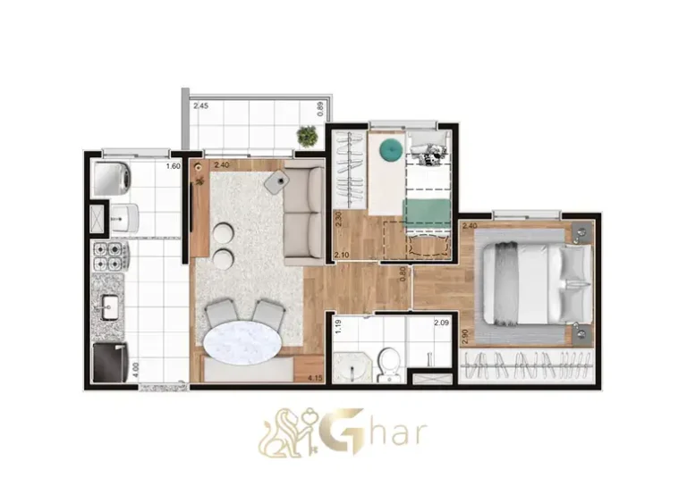 Planta de apartamento 2 dormitórios 40m² Sppace Jardim Botânico Cursino