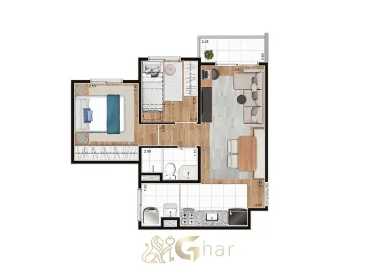 Planta de apartamento 2 dormitórios 41m² Sppace Jardim Botânico Cursino