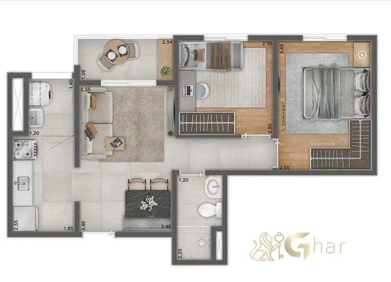 Planta de apartamento 2 dormitórios 44,63 m² do Unni by Plano&Plano Felicitá