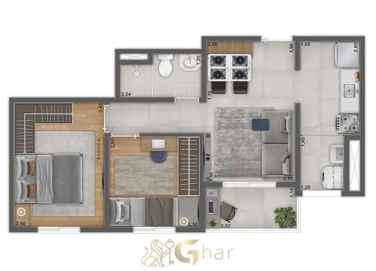 Planta alternativa de apartamento 2 dormitórios 44,63 m² no Unni by Plano&Plano Felicitá