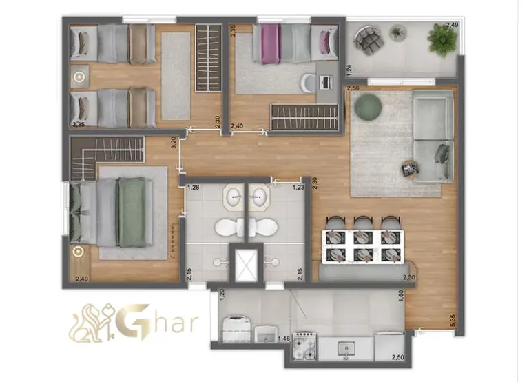 Planta de apartamento 3 dormitórios 59,05 m² do Unni by Plano&Plano Felicitá