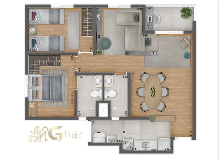 Planta alternativa de apartamento 3 dormitórios 59,05 m² no Unni by Plano&Plano Felicitá