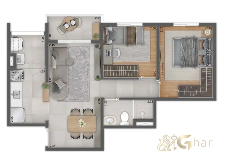 Planta do apartamento de 2 dormitórios 47,20 m² do Unni by Plano&Plano Harmoni