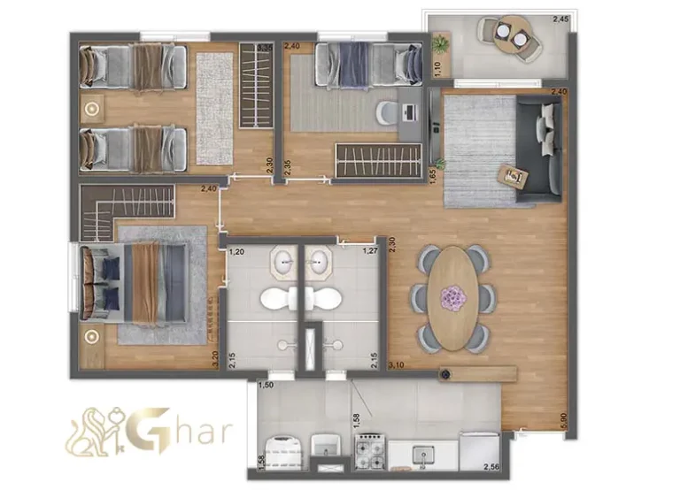 Planta do apartamento de 3 dormitórios 60,52 m² do Unni by Plano&Plano Harmoni