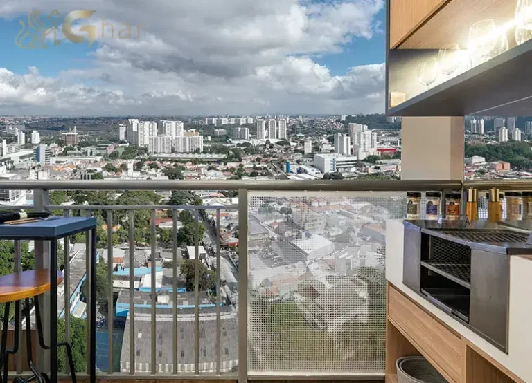 Terraço com churrasqueira no apartamento decorado do Viz by Plano&Plano em Santo Amaro