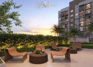 Lounge varanda do Viz by Plano&Plano em Santo Amaro com ambiente moderno para descanso e convivência
