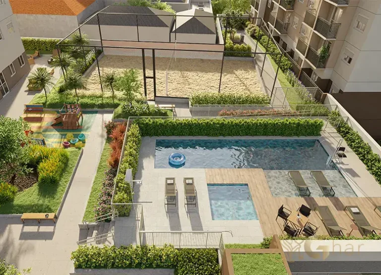 Vista aérea da área de lazer do Viz by Plano&Plano em Santo Amaro com estrutura completa de condomínio-clube