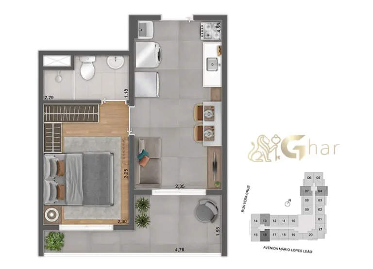 Planta de apartamento de 1 dormitório do Viz by Plano&Plano em Santo Amaro com 29,94 m² e 29,85 m²