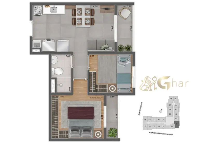 Planta de apartamento de 2 dormitórios do Viz by Plano&Plano em Santo Amaro com 36,54 m²