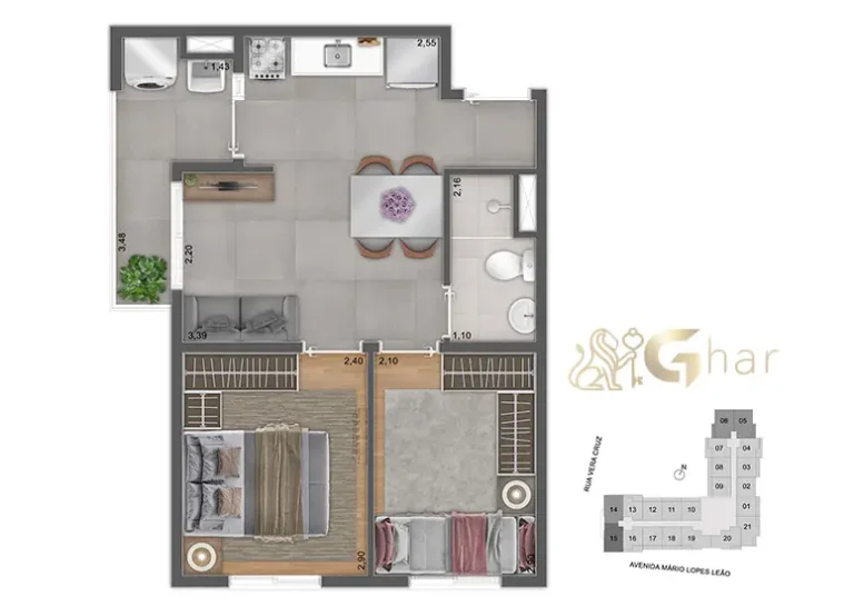 Planta de apartamento de 2 dormitórios do Viz by Plano&Plano em Santo Amaro com 36,87 m² e 36,45 m²