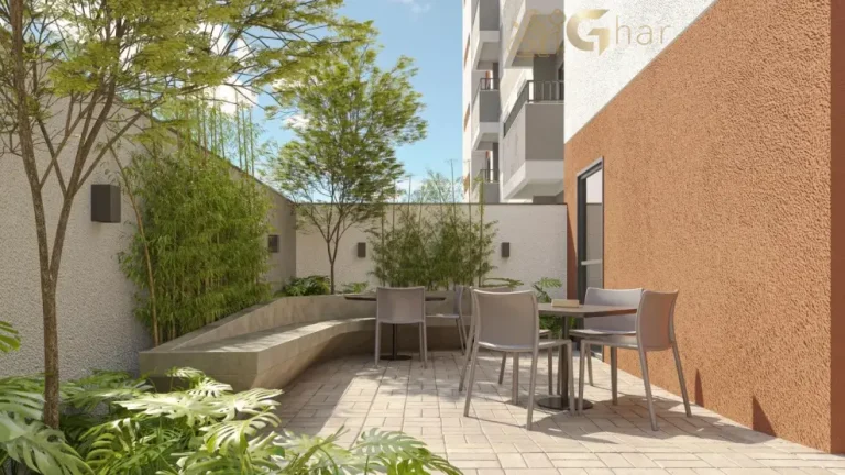 Área de coworking externo em condomínio residencial no bairro Santana Zona Norte de São Paulo