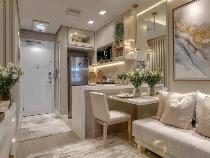 Cozinha integrada em apartamento pequeno em Santana com bom aproveitamento de espaço