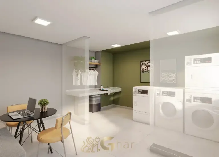 Lavanderia compartilhada do condomínio Plano&Mais Belém no bairro Belém em São Paulo