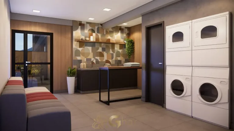 Lavanderia compartilhada do condomínio Smart Mix Santana no bairro Santana em São Paulo