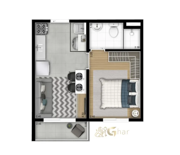 Planta De Apartamento 1 Dormitório 26,95m² Plano&Estação Mooca