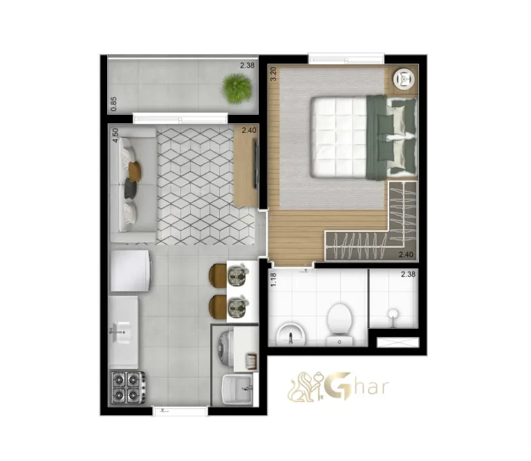 Planta De Apartamento 1 Dormitório 27,32m² Plano&Estação Mooca
