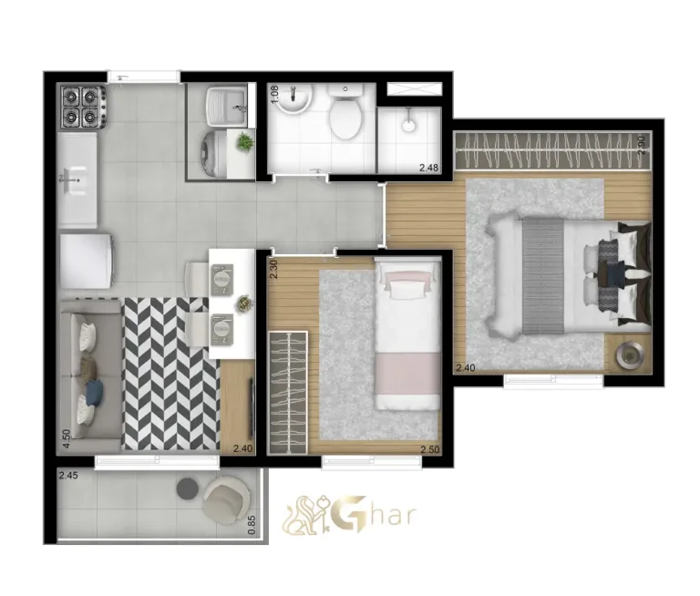 Planta De Apartamento 2 Dormitórios 36,07m² Plano&Estação Mooca