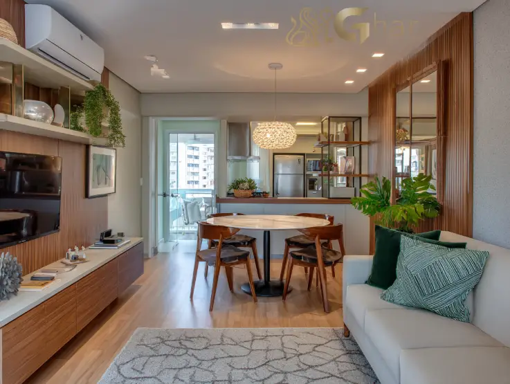 Apartamento decorado do Plano&Vila Ema com sala de estar, TV e jantar integradas na Vila Ema São Paulo