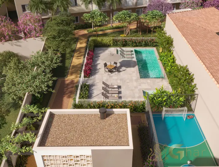 Vista aérea da área de lazer do condomínio Plano&Vila Ema na Vila Ema São Paulo