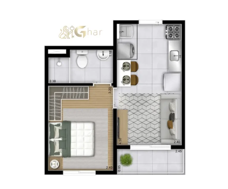 Planta do apartamento de 1 dormitório com 27,03 m² do Plano&Vila Ema na Vila Ema São Paulo