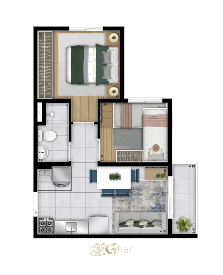 Planta do apartamento de 2 dormitórios com 34,24 m² do Plano&Vila Ema na Vila Ema São Paulo