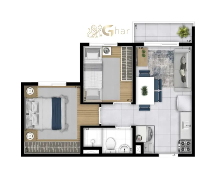Planta do apartamento de 2 dormitórios com 34,38 m² do Plano&Vila Ema na Vila Ema São Paulo