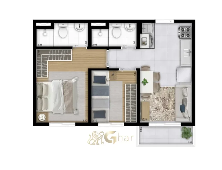 Planta do apartamento de 2 dormitórios com 38,83 m² do Plano&Vila Ema na Vila Ema São Paulo