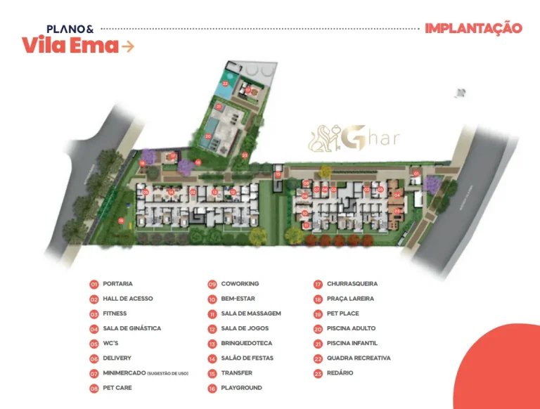Planta de implantação do condomínio Plano&Vila Ema com áreas de lazer no térreo na Vila Ema São Paulo