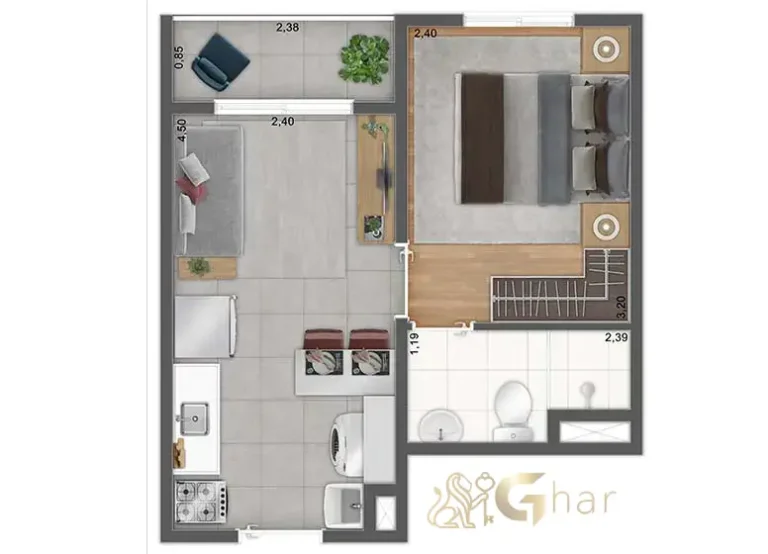Planta de apartamento 1 dormitório em condomínio no Brás São Paulo com 26,82 m²