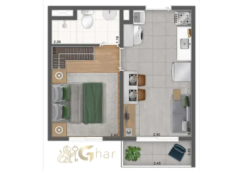 Planta de apartamento 1 dormitório no condomínio Plano&Parque Brás no Brás São Paulo