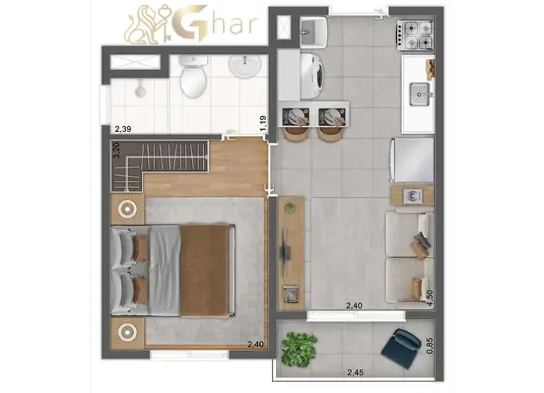 Planta de apartamento 1 dormitório em condomínio residencial no Brás Zona Centro de São Paulo
