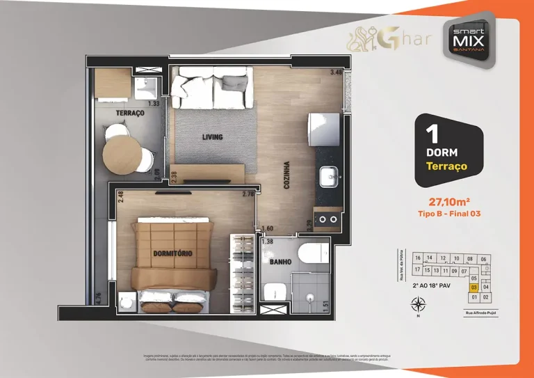 Planta de apartamento 1 dormitório em condomínio no bairro Santana São Paulo