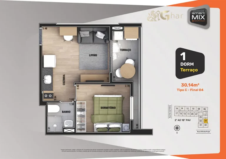 Planta do apartamento Smart Mix Santana 1 dormitório em Santana São Paulo