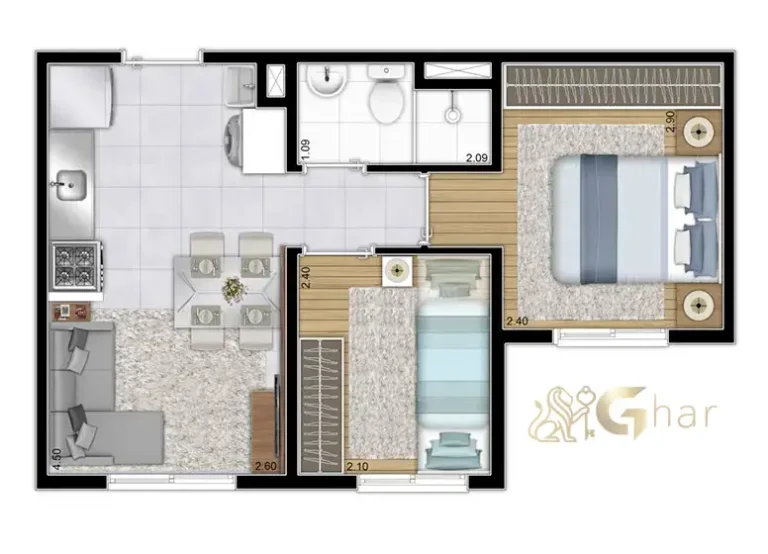Planta de apartamento de 2 dormitórios no Plano&Vila Cambuci no Cambuci em São Paulo
