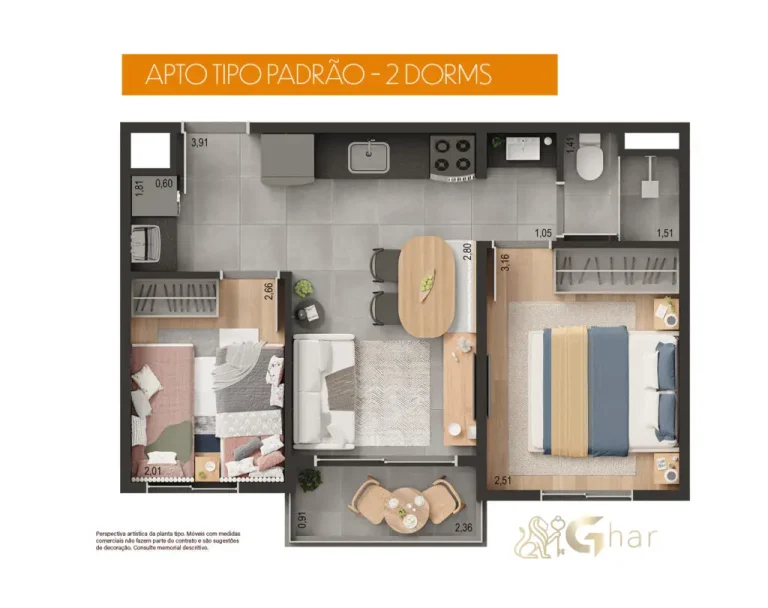 Planta de 2 dormitórios do Edifício Philomena no bairro Santana em São Paulo