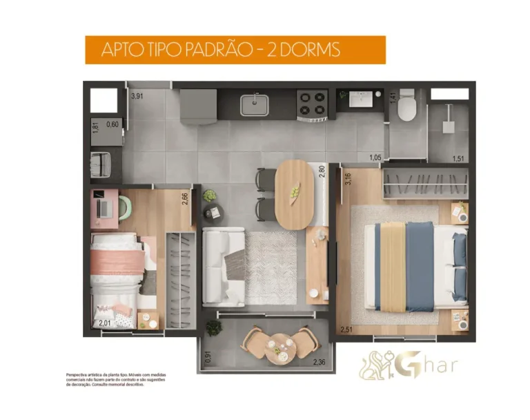 Planta de apartamento com 2 dormitórios em condomínio no bairro Santana São Paulo