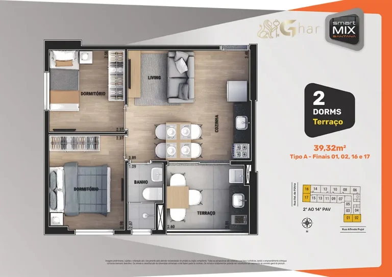 Planta de apartamento 2 dormitórios Smart Mix Santana em Santana São Paulo