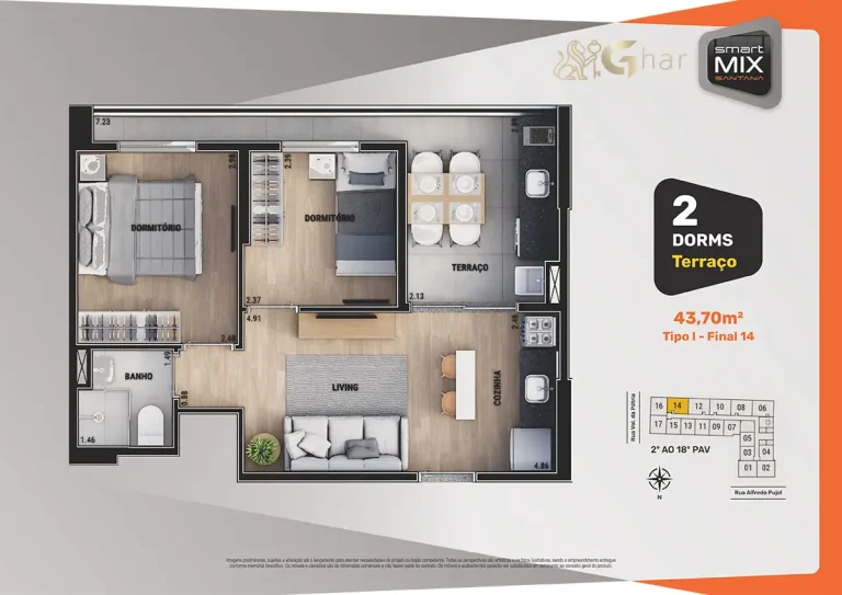 Planta de apartamento 2 dormitórios Smart Mix Santana no bairro Santana Zona Norte de São Paulo