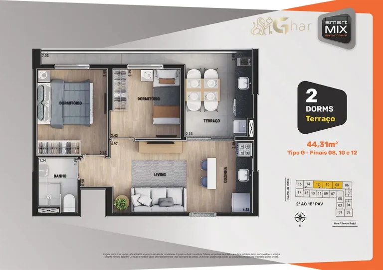 Planta do apartamento 2 dormitórios Smart Mix Santana em Santana São Paulo