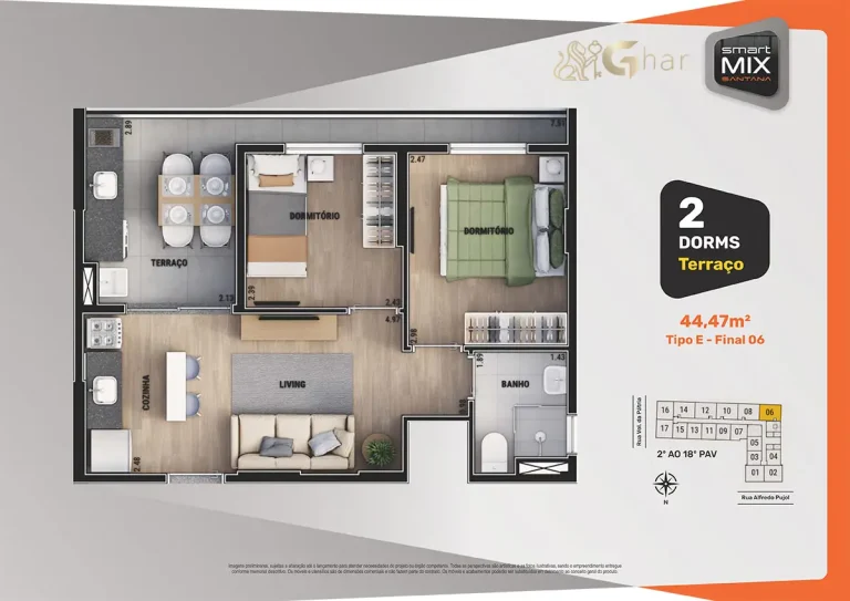Planta de apartamento 2 dormitórios Smart Mix Santana no bairro Santana em São Paulo