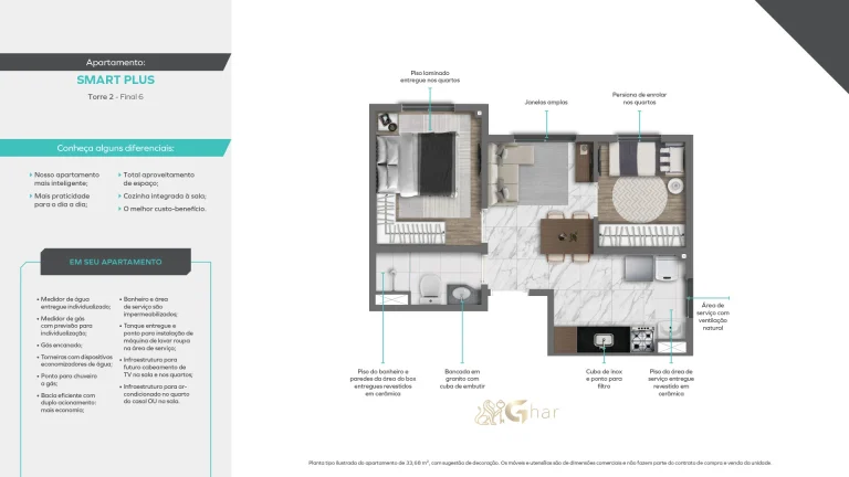 Planta do apartamento de 2 dormitórios do Vivaz Prime Voluntários da Pátria em Santana São Paulo