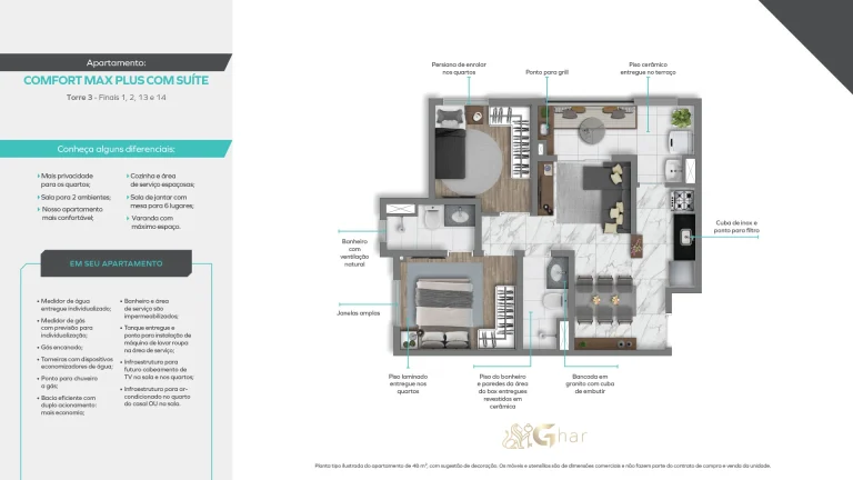 Planta do apartamento de 2 dormitórios do Vivaz Prime Voluntários da Pátria em Santana São Paulo