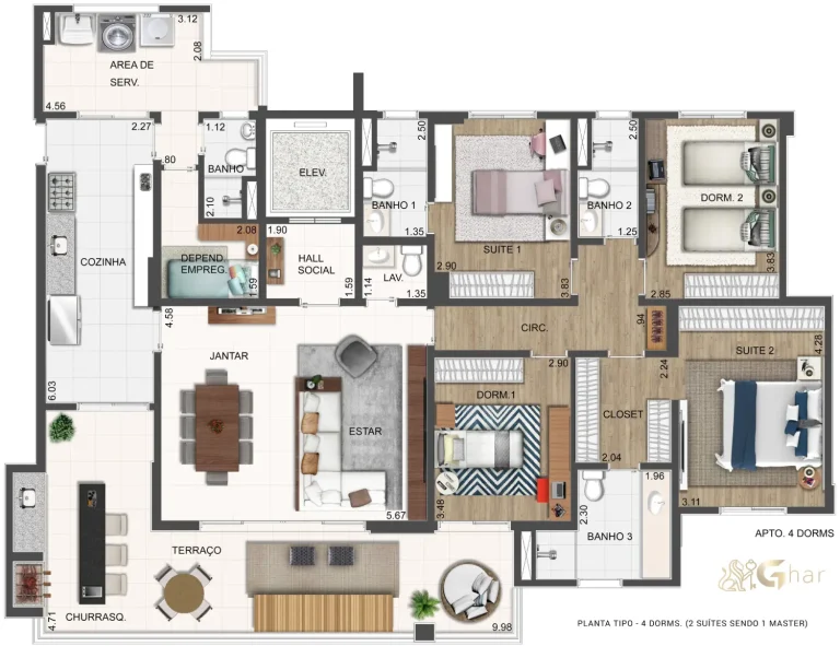 Planta do apartamento Unique Santana com 4 dormitórios em Santana São Paulo