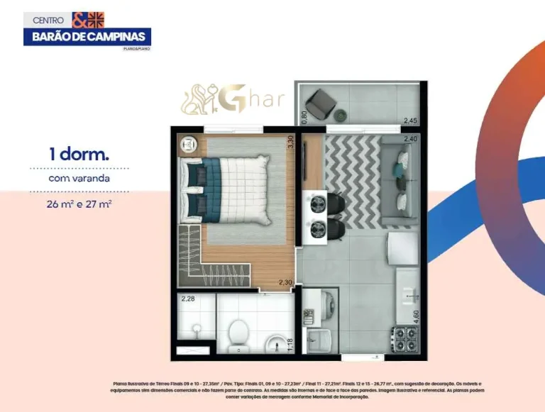 Planta de apartamento de 1 dormitório em condomínio no bairro Campos Elíseos São Paulo
